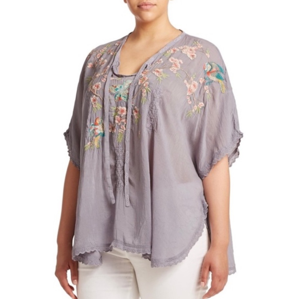 JOHNNY WAS Embroidered Floral Sakura Dolman Batwing Sleeve‎ Blouse Gray Medium M